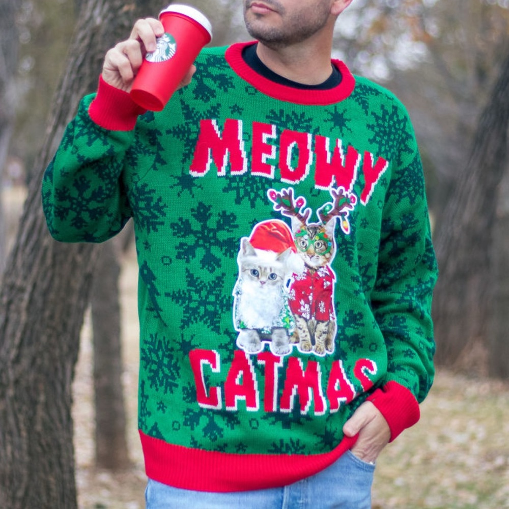 😺 “MEOWY CATMAS” Party Sweater – Funny Cat Ugly Christmas Sweater Size L